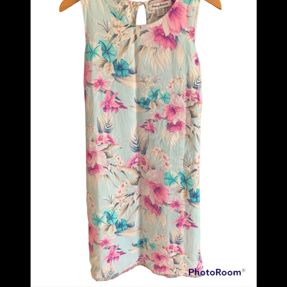 Tommy Bahama tropical print linen shift w raw hem sz l
